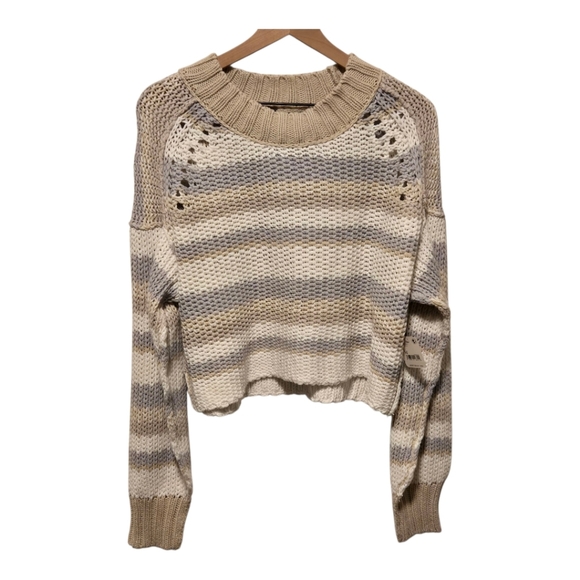 Free People Devon Cropped Neutral Striped Long Sleeve Sweater Size Medium - Picture 1 of 9